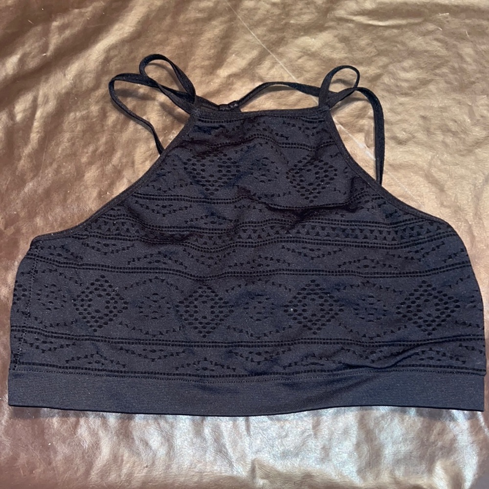 VS black sports bra or high neck crop top.